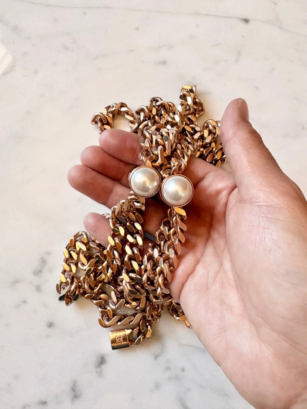 Chanel Chain Link Necklace with Faux pearls